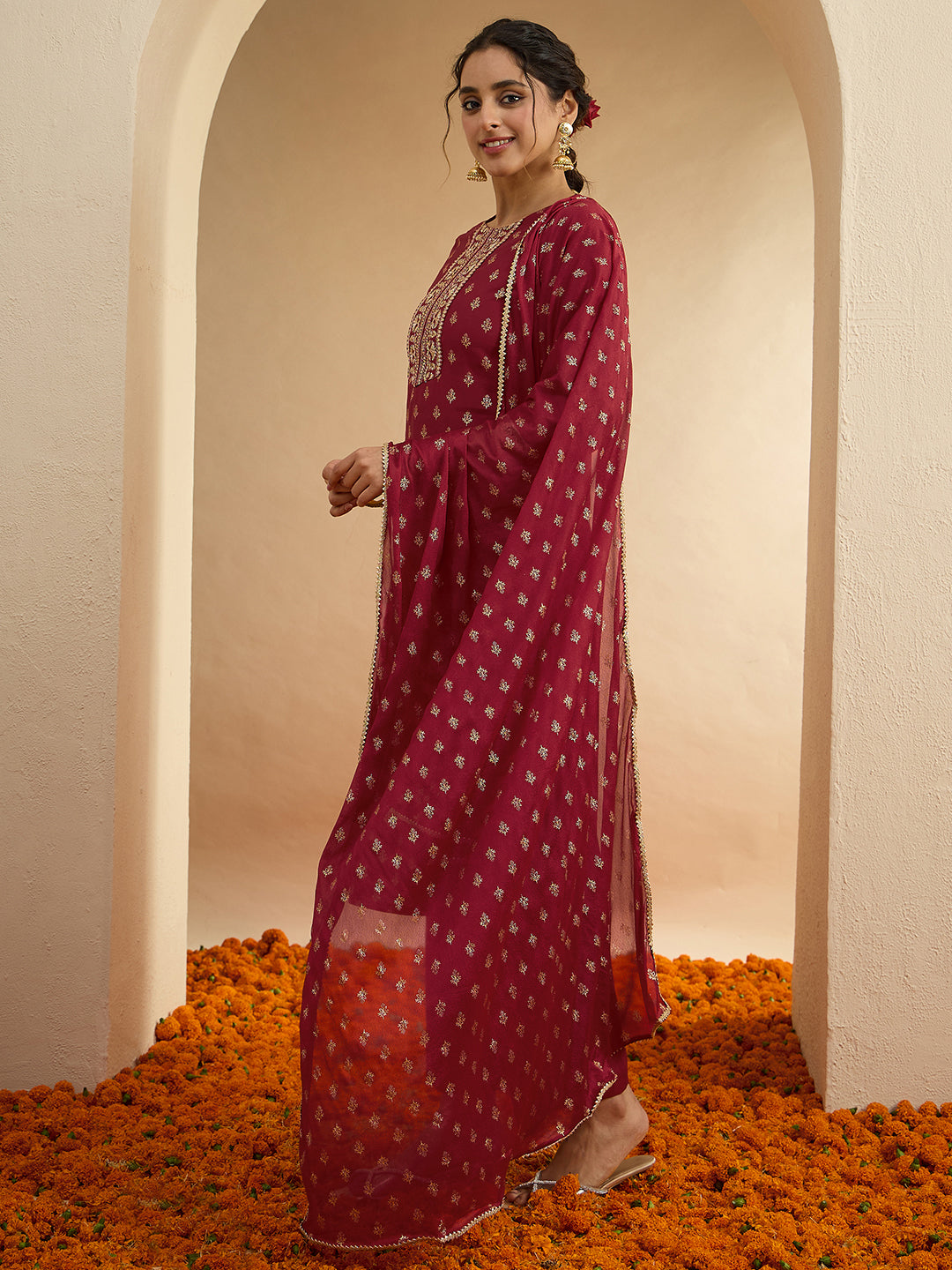 Janasya Women's Maroon Chanderi Silk Floral Embroidered Foil Print Kurta Set with Printed Dupatta