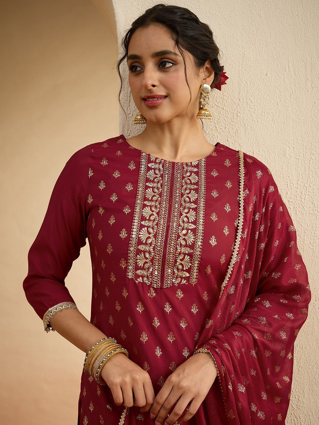 Janasya Women's Maroon Chanderi Silk Floral Embroidered Foil Print Kurta Set with Printed Dupatta
