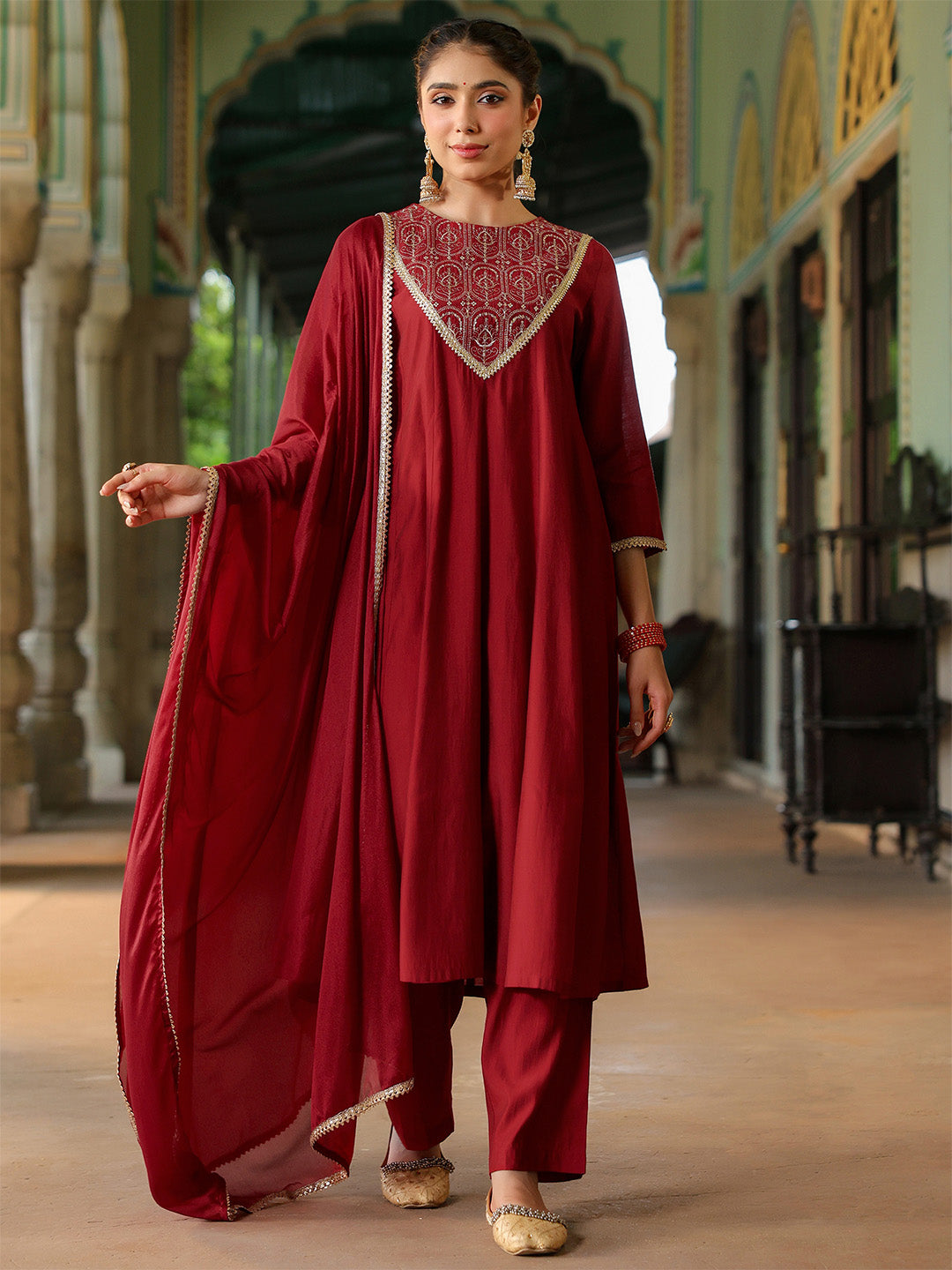 Janasya Women's Maroon Chanderi Silk Embroidered Anarkali Kurta Set