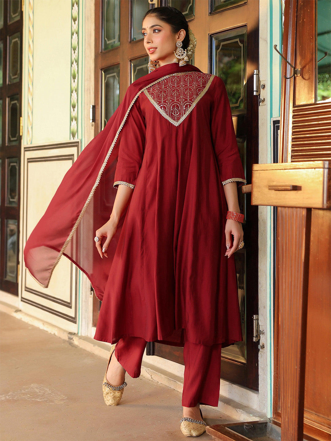 Janasya Women's Maroon Chanderi Silk Embroidered Anarkali Kurta Set
