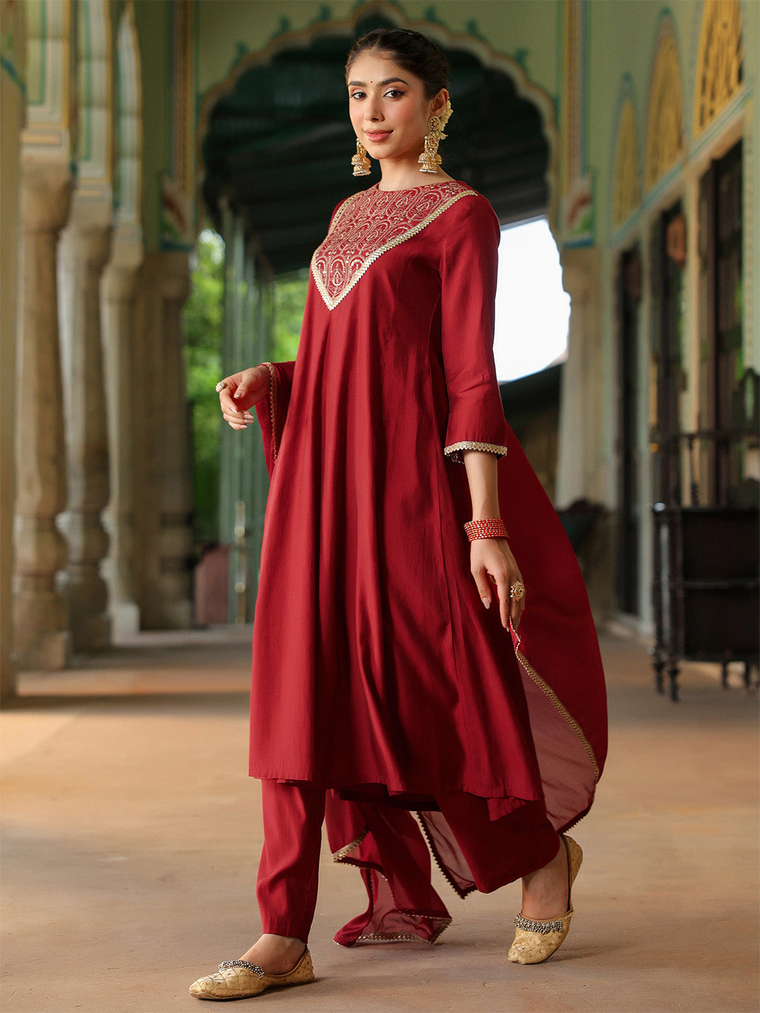 Janasya Women's Maroon Chanderi Silk Embroidered Anarkali Kurta Set