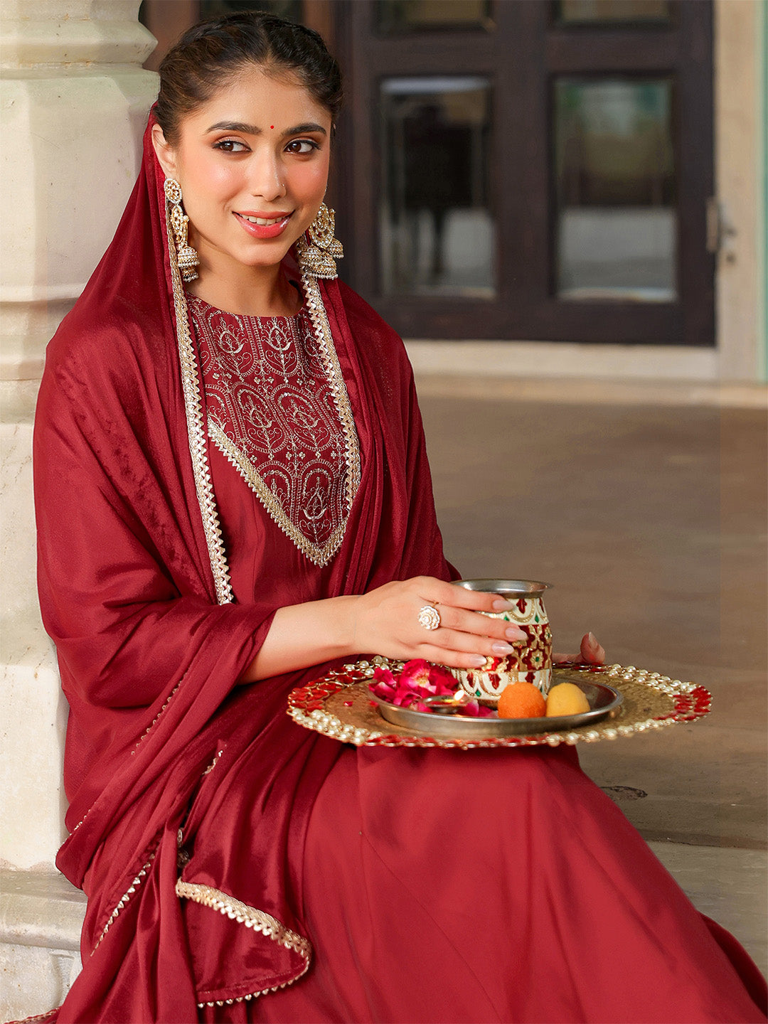 Janasya Women's Maroon Chanderi Silk Embroidered Anarkali Kurta Set