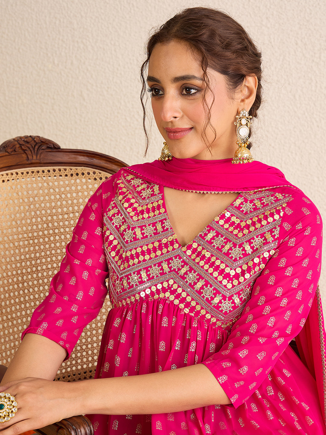 Janasya Women's Pink Georgette Embellished Gold Printed A-Line Kurta with Palazzo & Dupatta Set