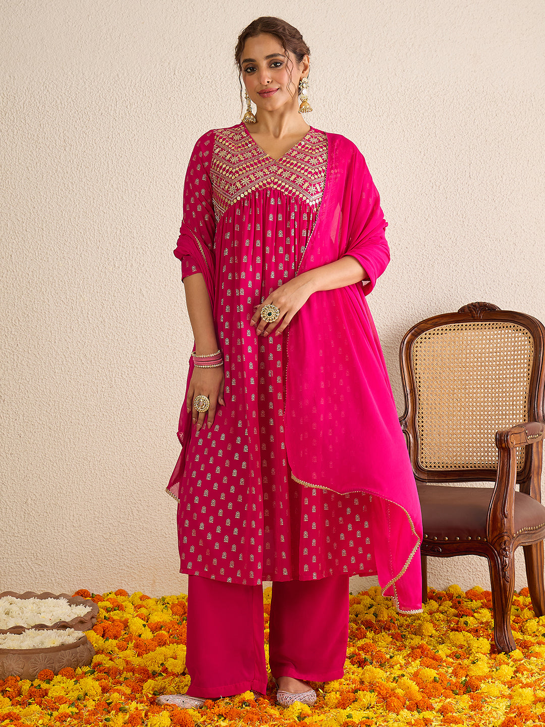 Janasya Women's Pink Georgette Embellished Gold Printed A-Line Kurta with Palazzo & Dupatta Set