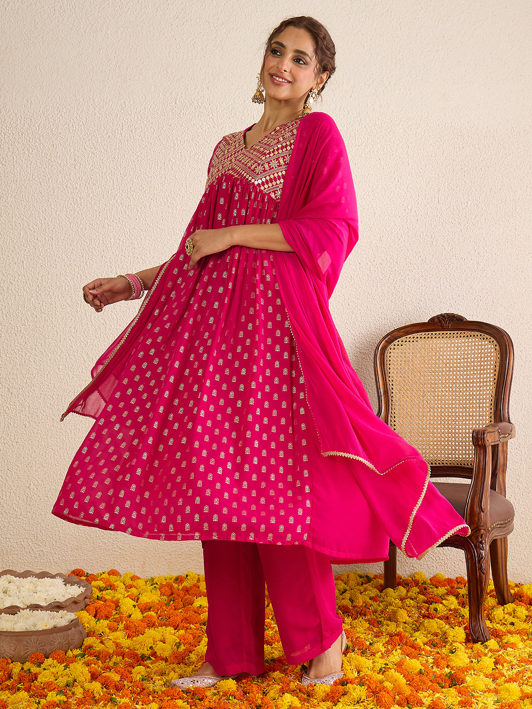 Janasya Women's Pink Georgette Embellished Gold Printed A-Line Kurta with Palazzo & Dupatta Set
