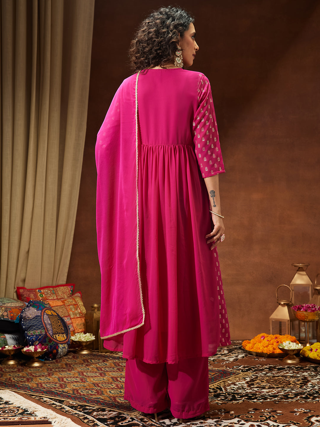 Janasya Women's Pink Georgette Embellished Gold Printed A-line Kurta With Palazzo & Dupatta Set