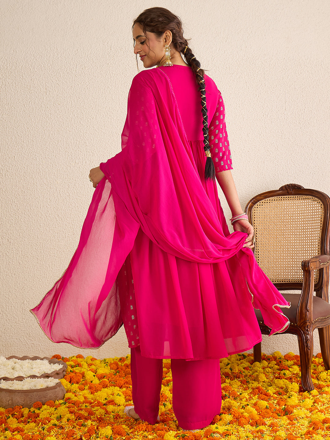 Janasya Women's Pink Georgette Embellished Gold Printed A-Line Kurta with Palazzo & Dupatta Set