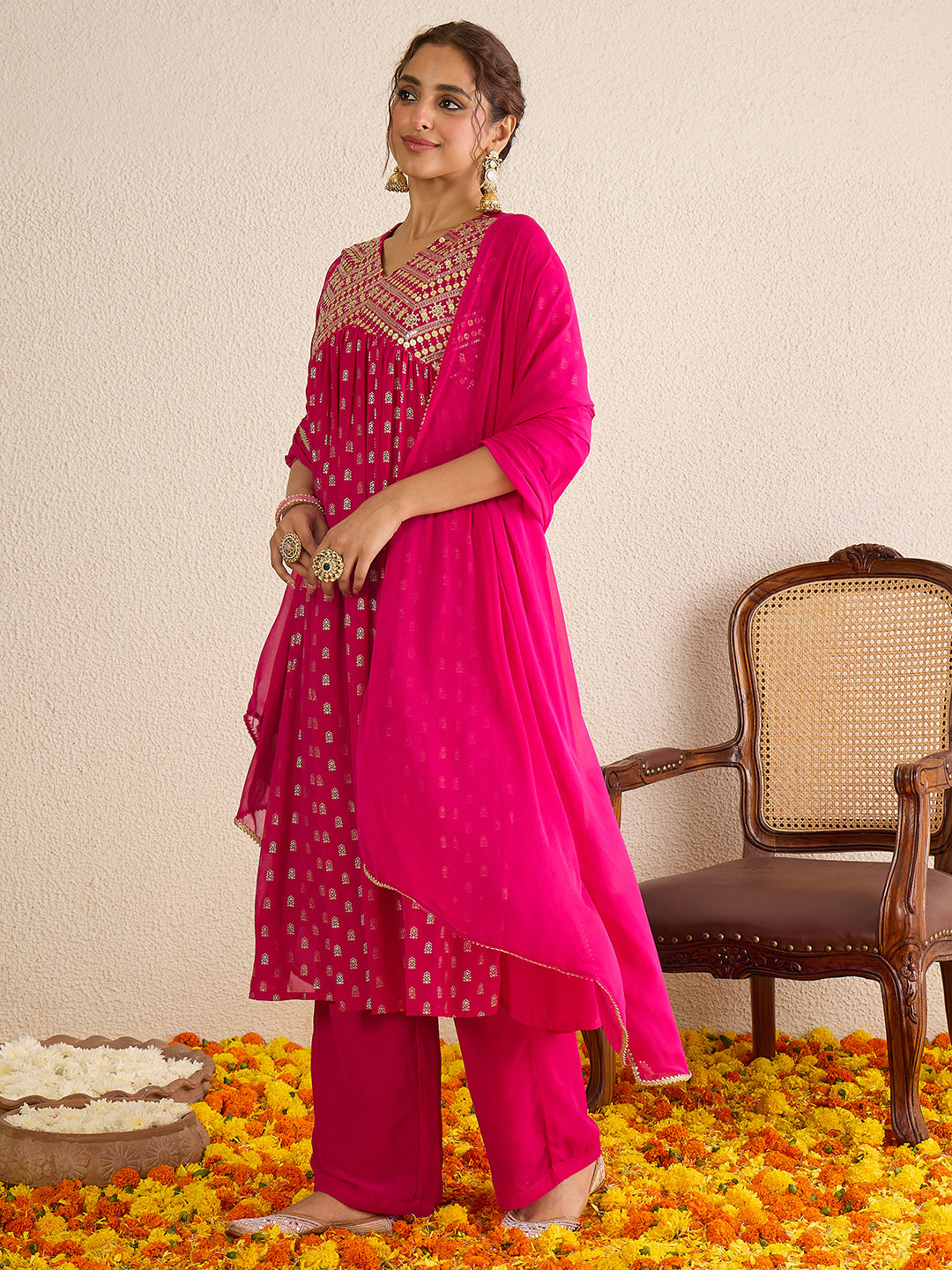 Janasya Women's Pink Georgette Embellished Gold Printed A-Line Kurta with Palazzo & Dupatta Set
