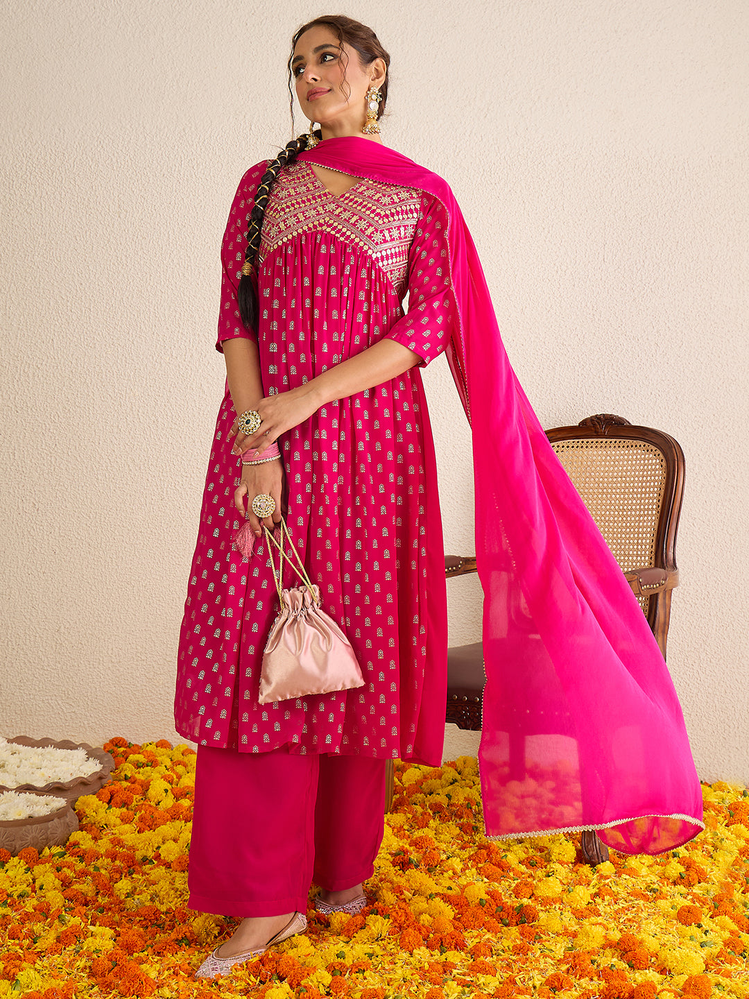 Janasya Women's Pink Georgette Embellished Gold Printed A-Line Kurta with Palazzo & Dupatta Set
