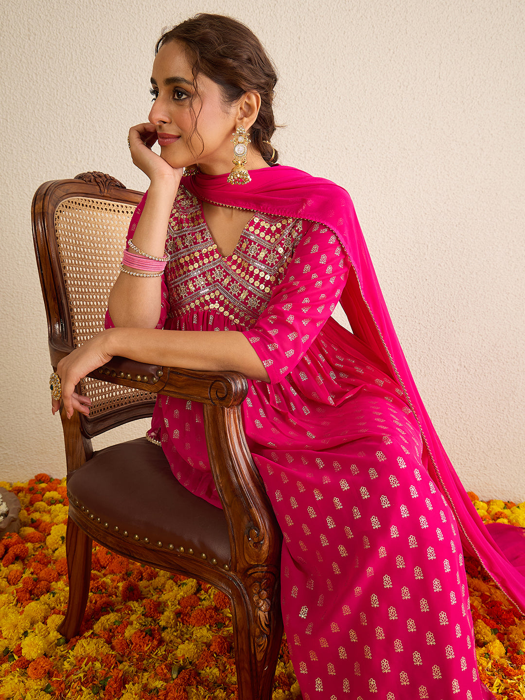 Janasya Women's Pink Georgette Embellished Gold Printed A-Line Kurta with Palazzo & Dupatta Set