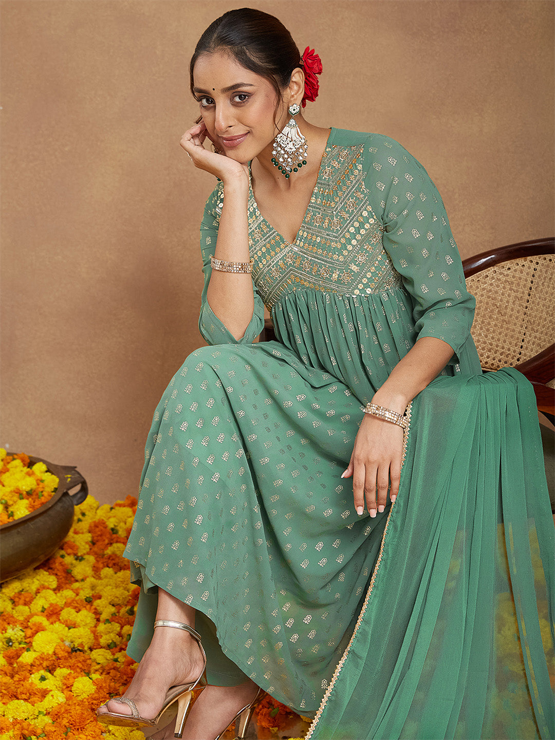 Janasya Women's Sage Green Georgette Embellished Gold Printed A-line Kurta Set