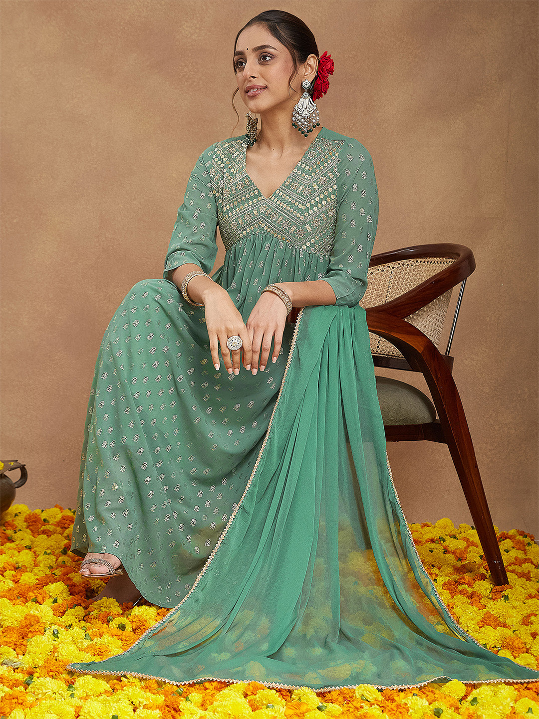 Janasya Women's Sage Green Georgette Embellished Gold Printed A-line Kurta Set