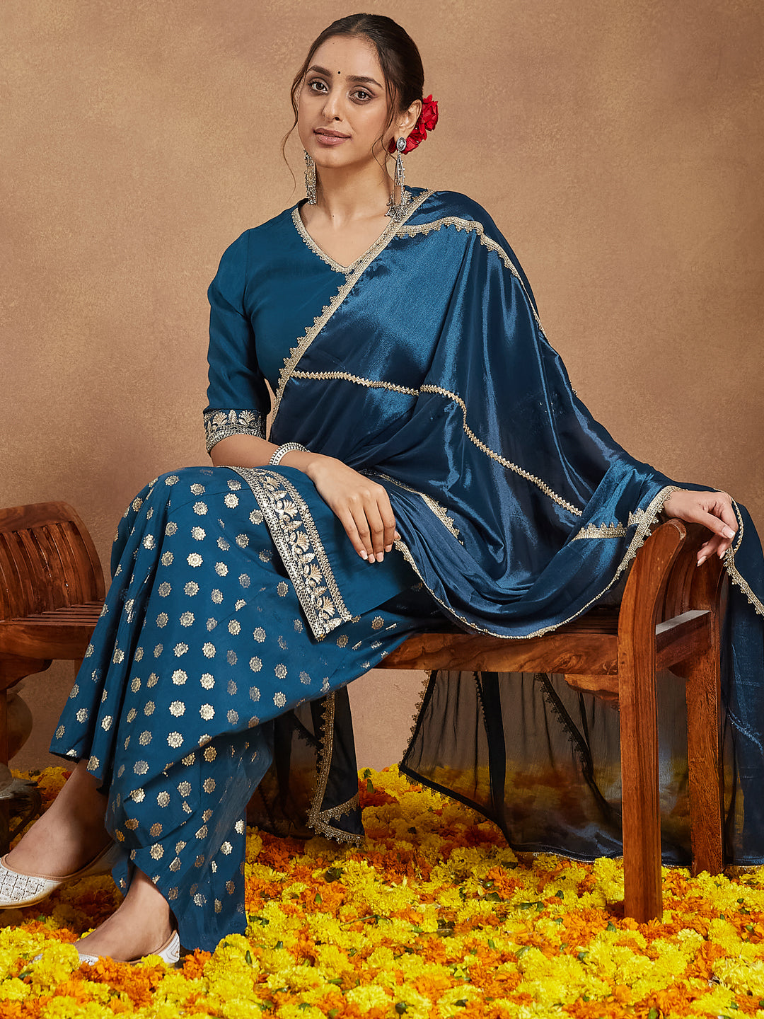 Janasya Women's Teal Blue Silk Blend Embellished Straight Kurta With Sharaa & Dupatta Set