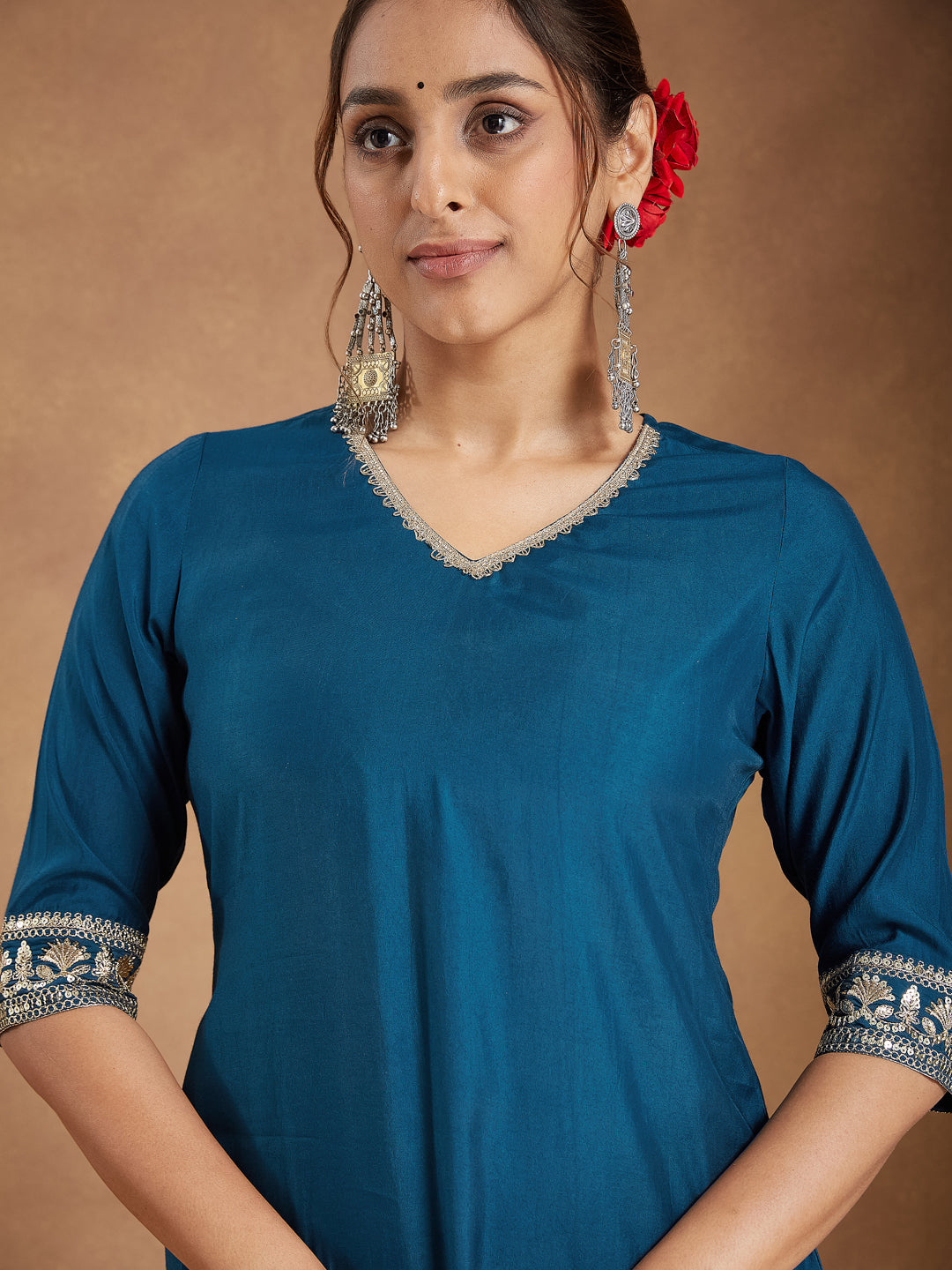 Janasya Women's Teal Blue Silk Blend Embellished Straight Kurta With Sharaa & Dupatta Set