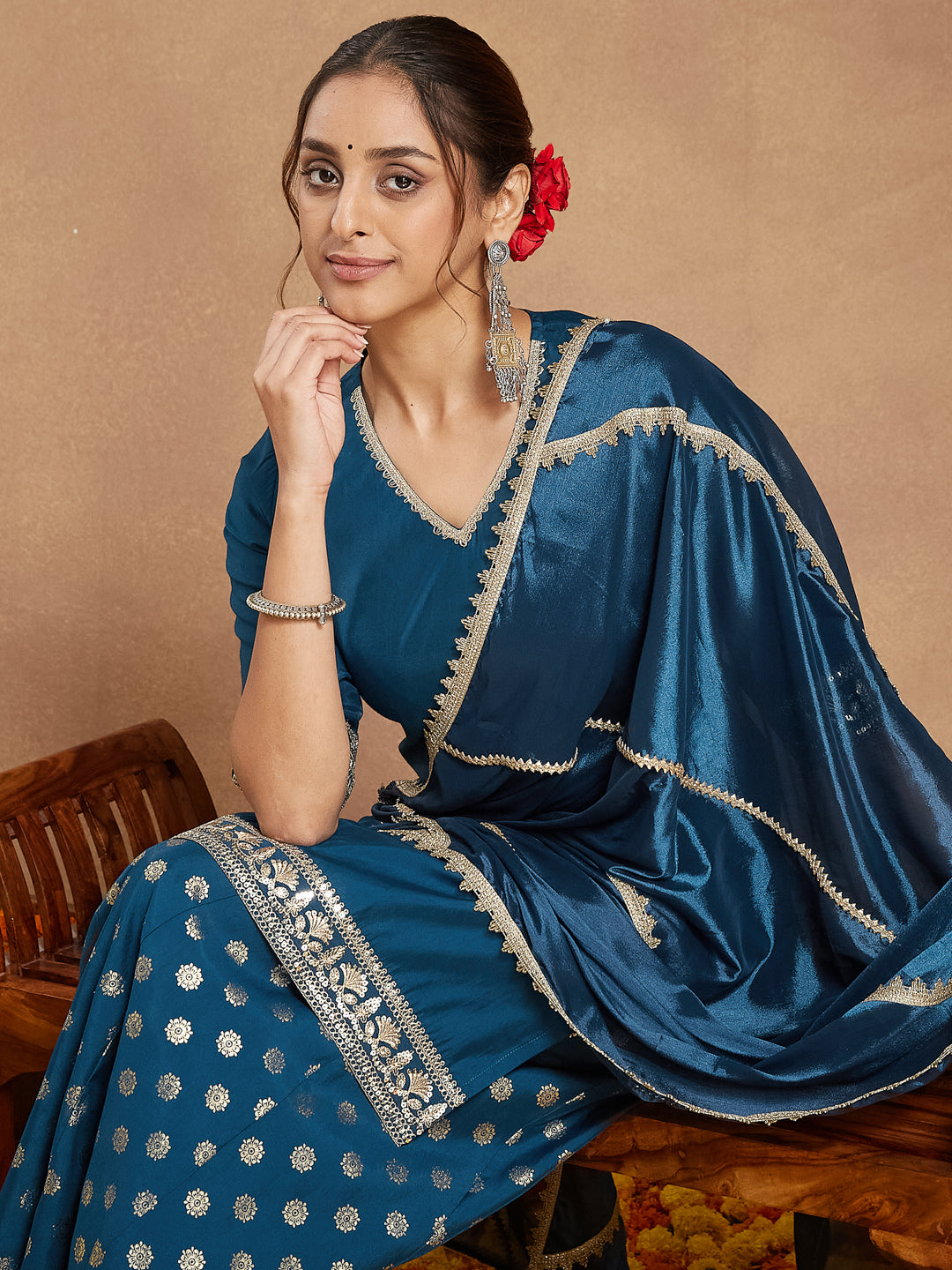 Janasya Women's Teal Blue Silk Blend Embellished Straight Kurta With Sharaa & Dupatta Set