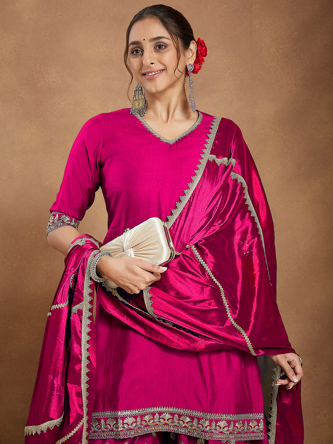 Janasya Women's Pink Silk Blend Embellished Straight Kurta With Sharara & Dupatta Set