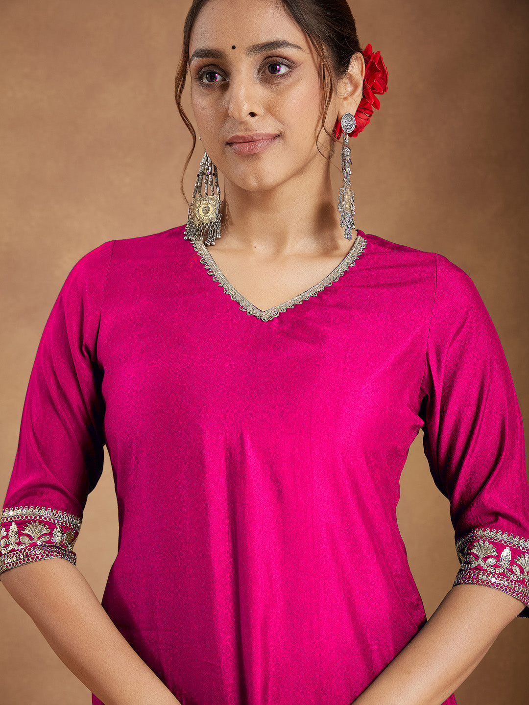 Janasya Women's Pink Silk Blend Embellished Straight Kurta With Sharara & Dupatta Set