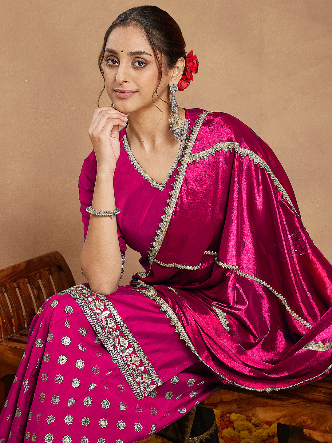 Janasya Women's Pink Silk Blend Embellished Straight Kurta With Sharara & Dupatta Set