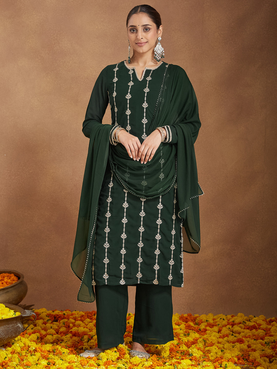 Janasya Women's Green Georgette Zari Embroidered Straight Kurta With Palazzo & Dupatta Set