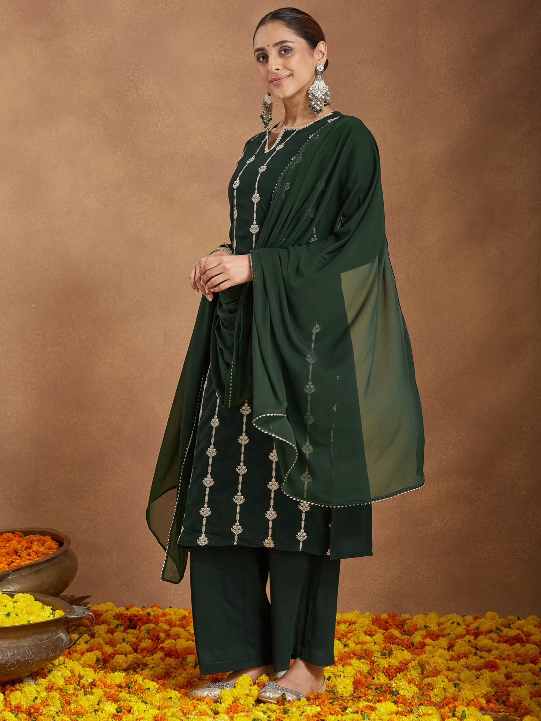 Janasya Women's Green Georgette Zari Embroidered Straight Kurta With Palazzo & Dupatta Set