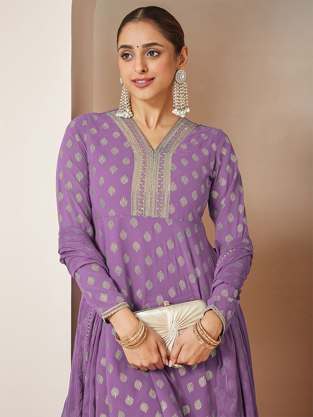 Janasya Women's Purple Georgette Embellished Gold Printed A-line Kurta With Sharara & Dupatta Set