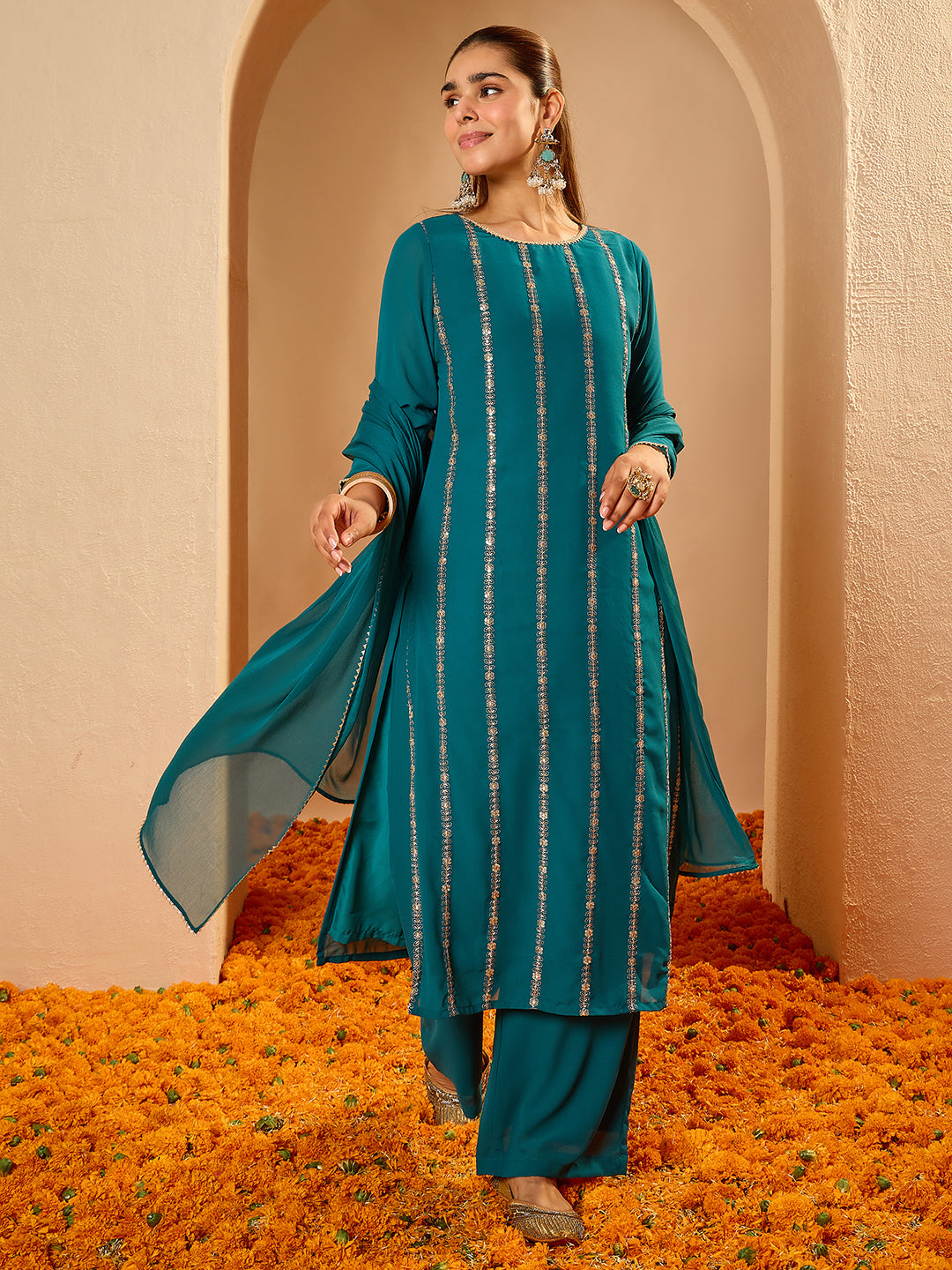 Janasya Women's Sea Green Georgette Embellished Straight Kurta with Palazzo and Dupatta Set