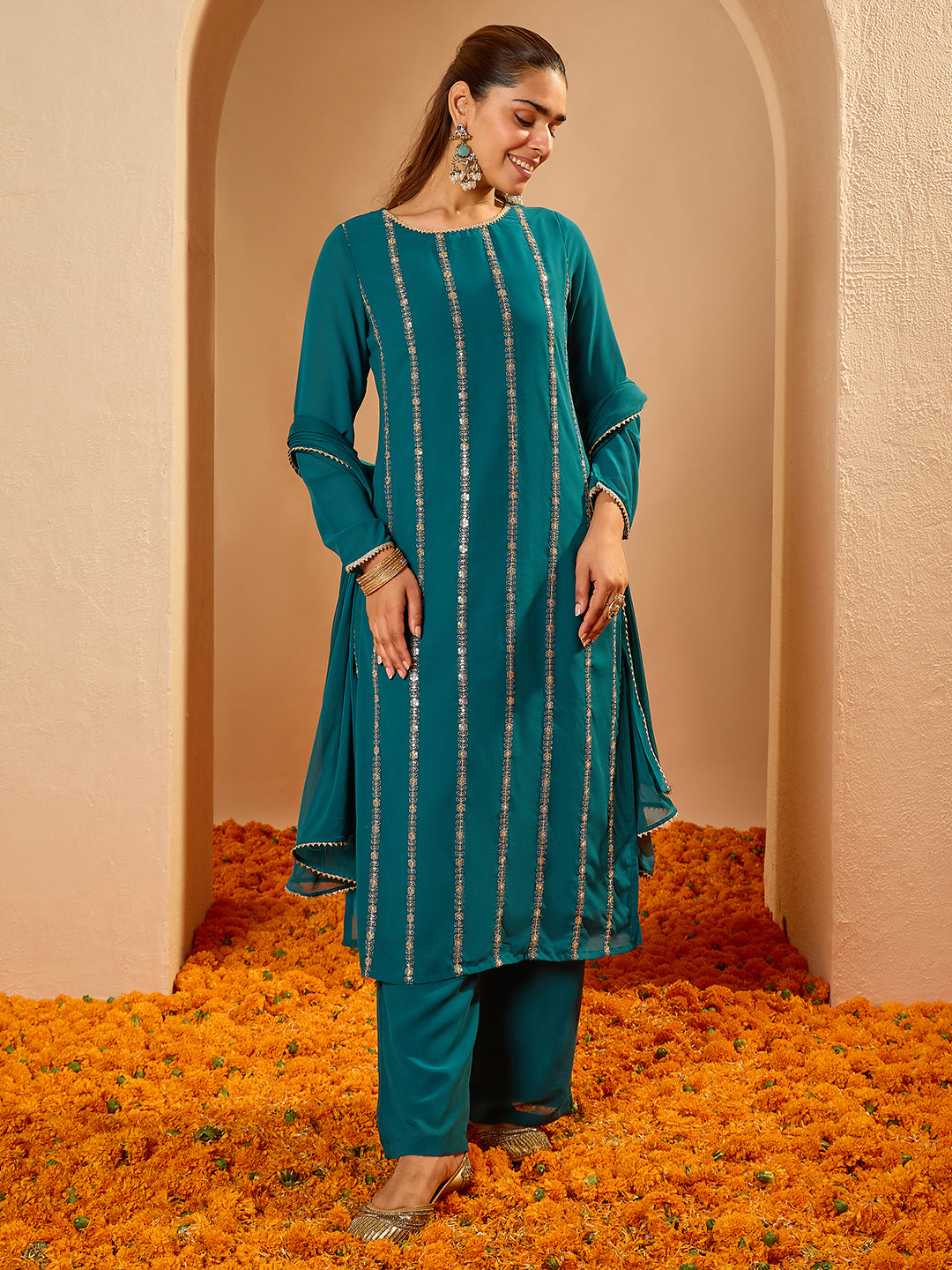Janasya Women's Sea Green Georgette Embellished Straight Kurta with Palazzo and Dupatta Set