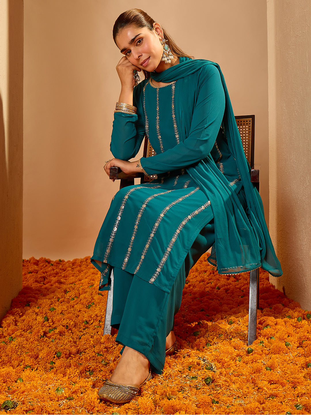 Janasya Women's Sea Green Georgette Embellished Straight Kurta with Palazzo and Dupatta Set