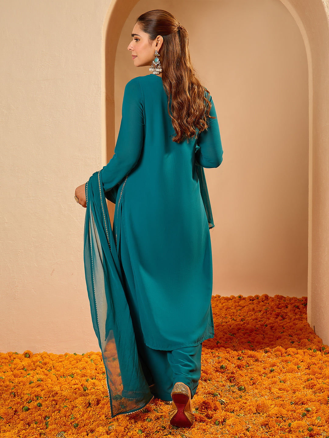 Janasya Women's Sea Green Georgette Embellished Straight Kurta with Palazzo and Dupatta Set