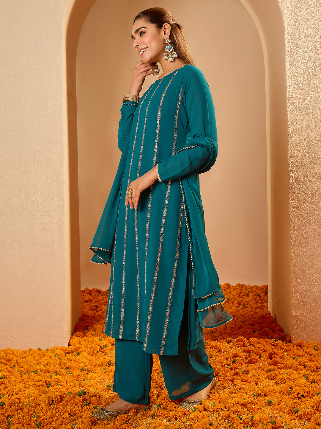 Janasya Women's Sea Green Georgette Embellished Straight Kurta with Palazzo and Dupatta Set