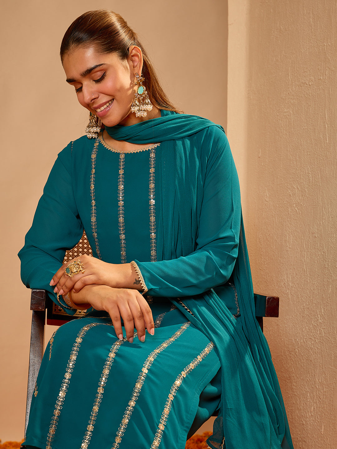 Janasya Women's Sea Green Georgette Embellished Straight Kurta with Palazzo and Dupatta Set