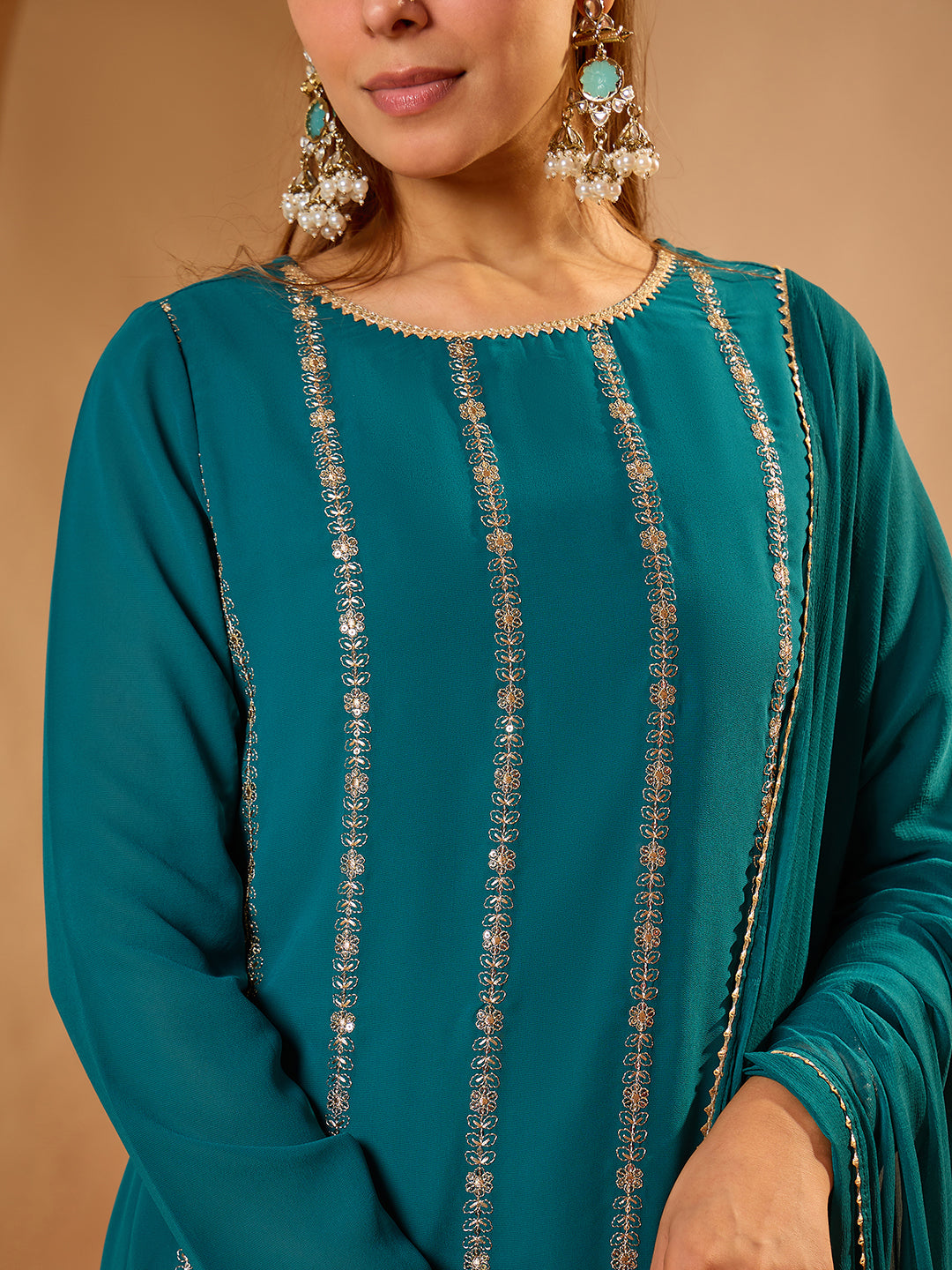 Janasya Women's Sea Green Georgette Embellished Straight Kurta with Palazzo and Dupatta Set