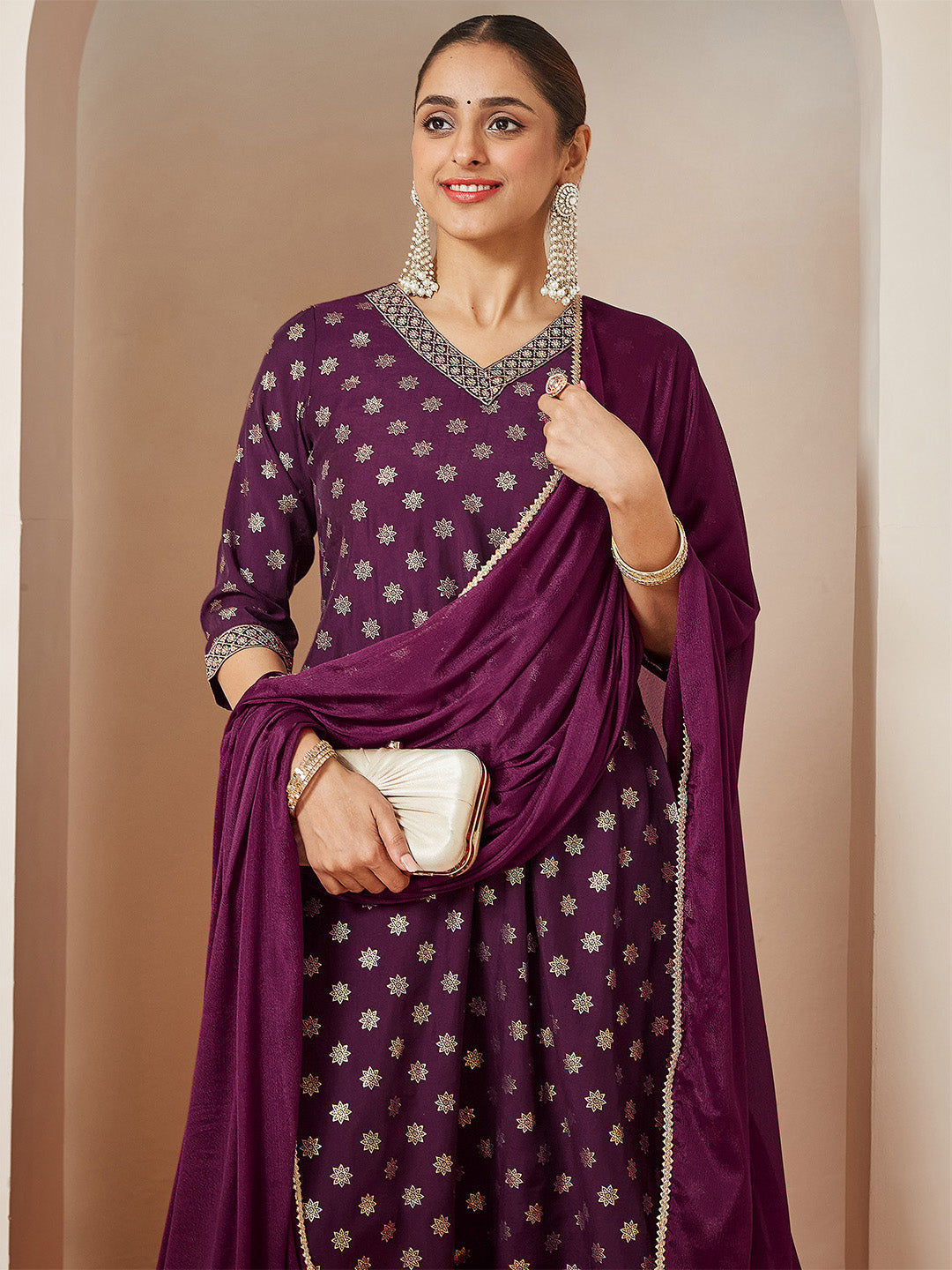 Janasya Women's Wine Chanderi Silk Foil Printed Embroidered A-line Kurta Set