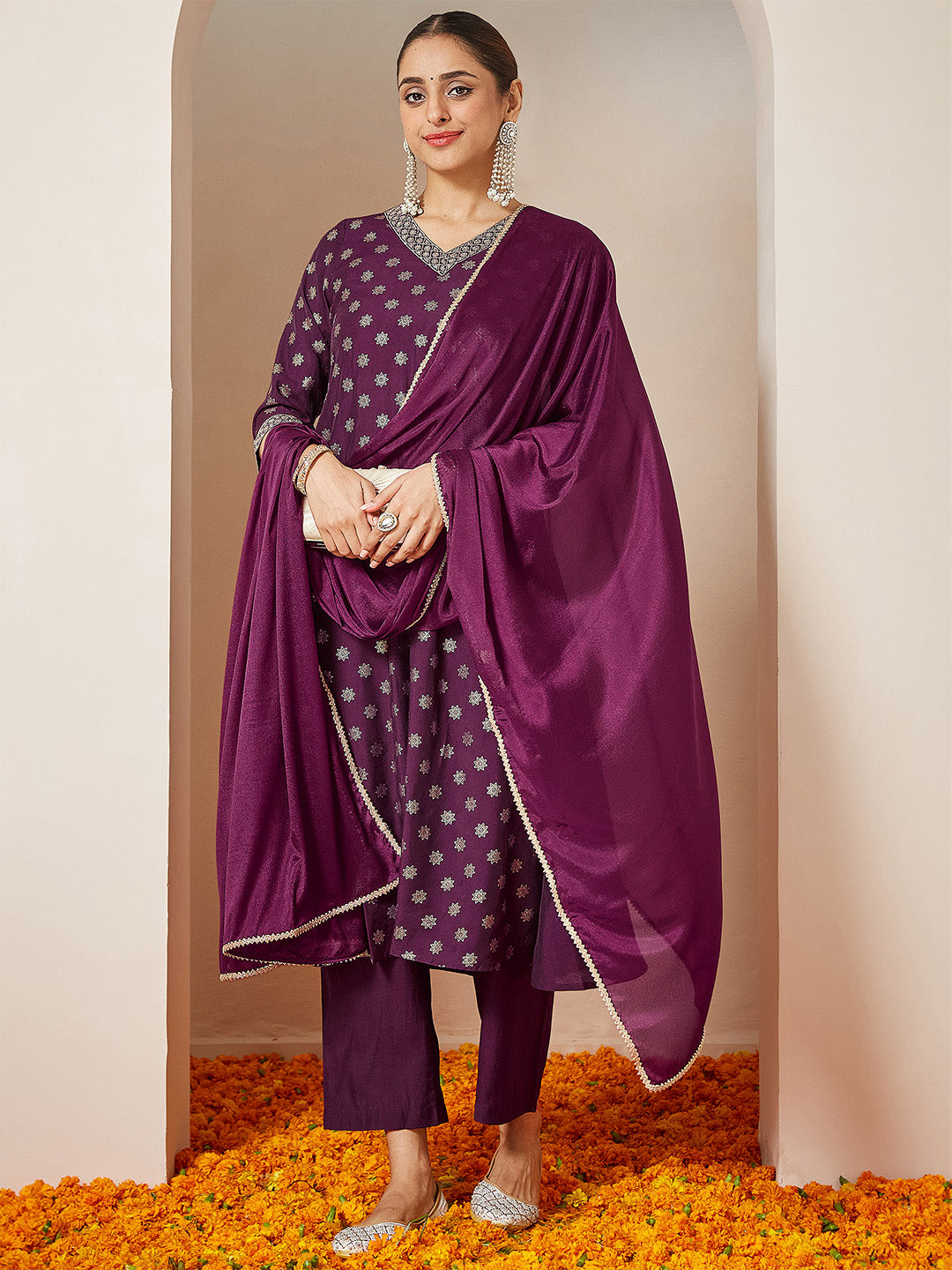 Janasya Women's Wine Chanderi Silk Foil Printed Embroidered A-line Kurta Set