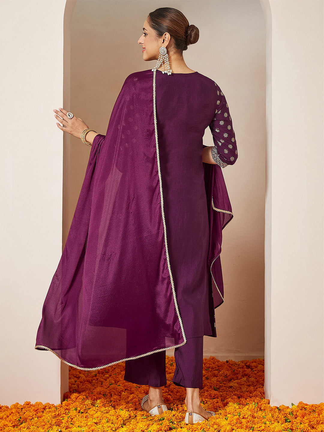 Janasya Women's Wine Chanderi Silk Foil Printed Embroidered A-line Kurta Set
