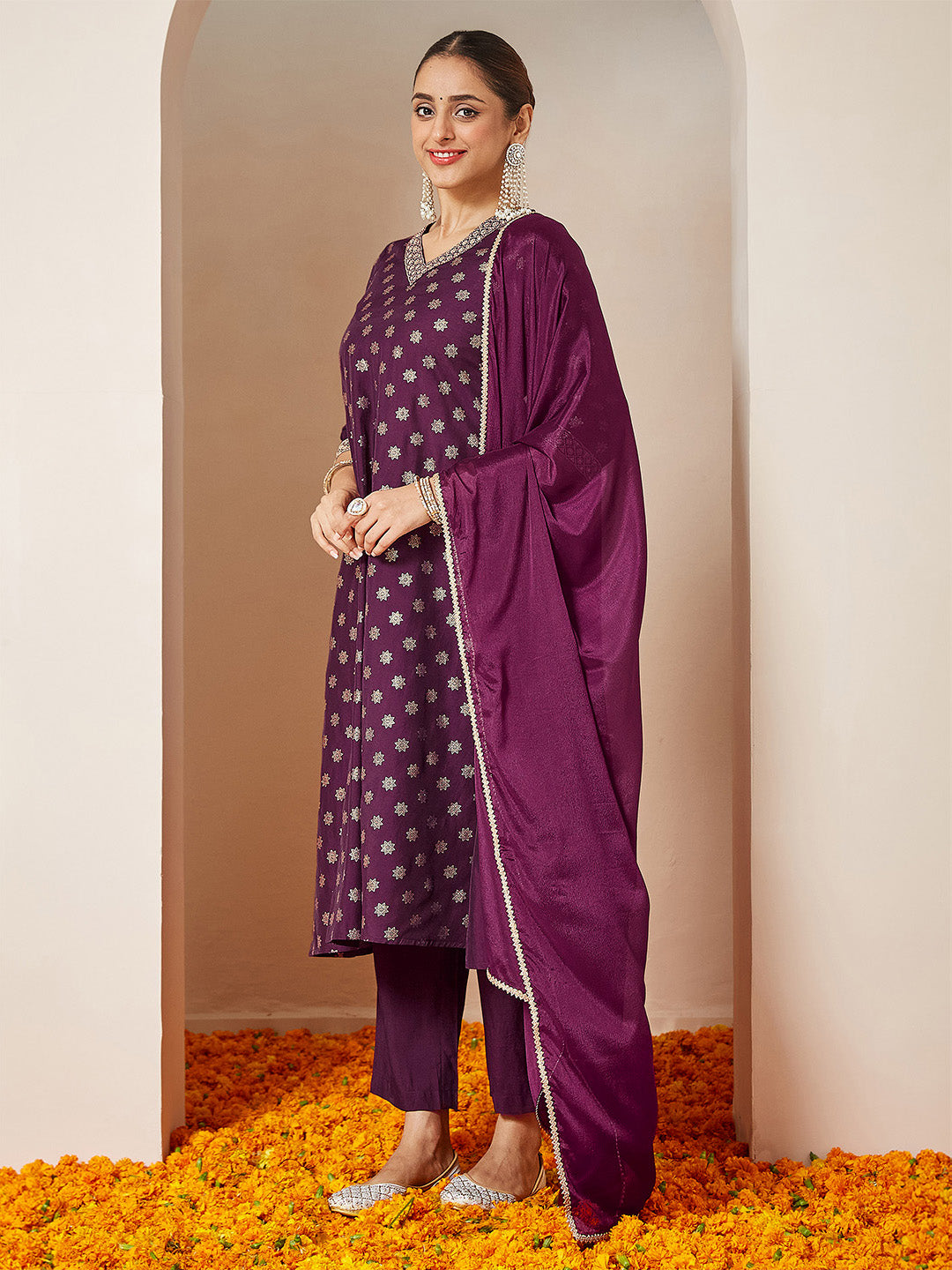 Janasya Women's Wine Chanderi Silk Foil Printed Embroidered A-line Kurta Set