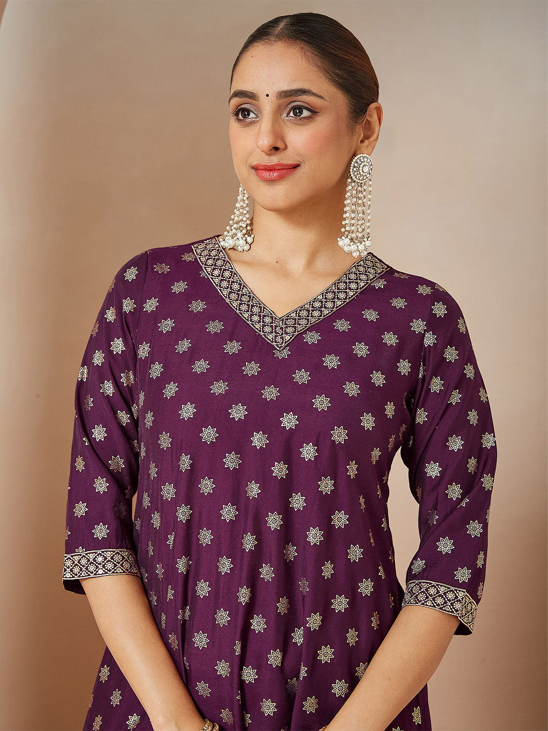 Janasya Women's Wine Chanderi Silk Foil Printed Embroidered A-line Kurta Set