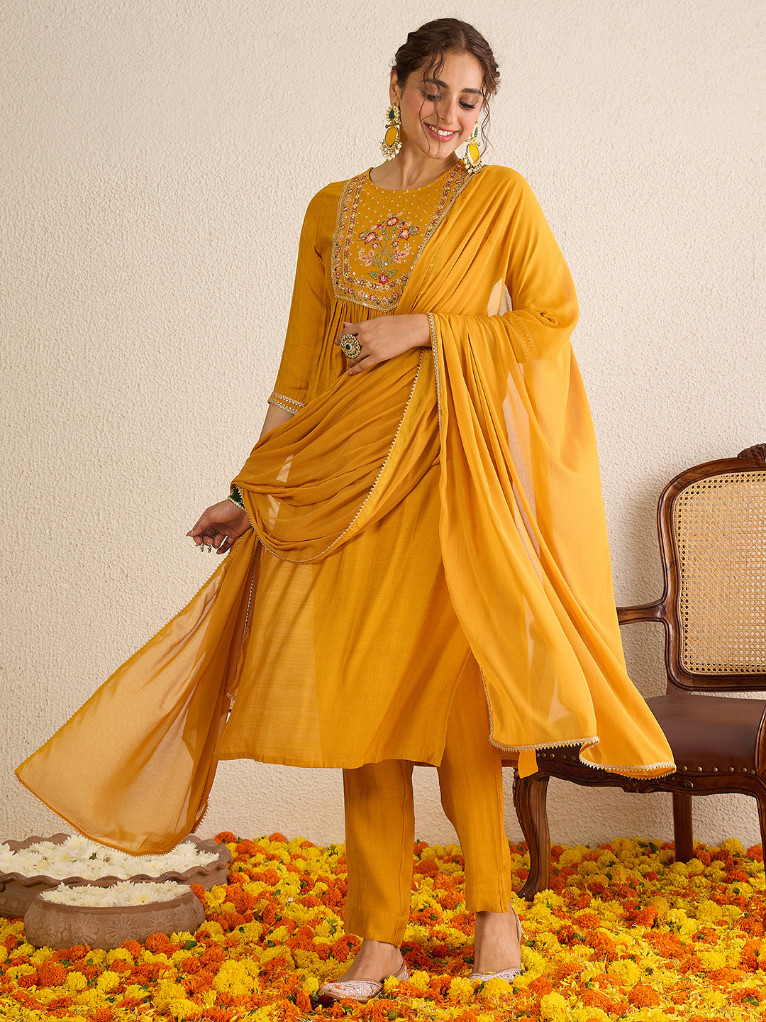 Janasya Women's Mustard Yellow Silk Blend Floral Yoke Embroidered Straight Kurta Set