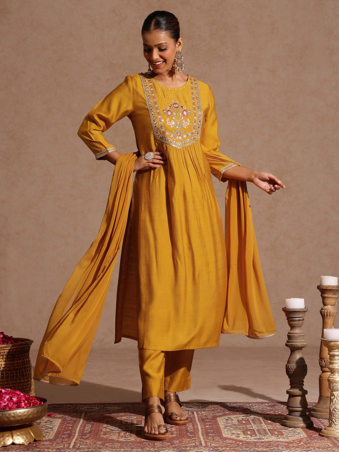 Janasya Women's Mustard Silk Blend Embroidered Straight Kurta Set