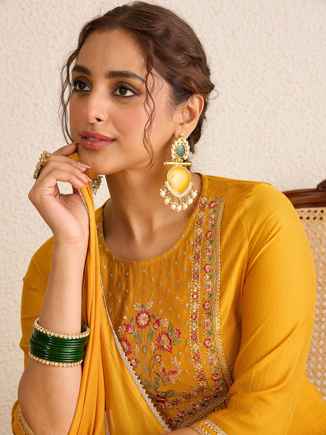 Janasya Women's Mustard Yellow Silk Blend Floral Yoke Embroidered Straight Kurta Set