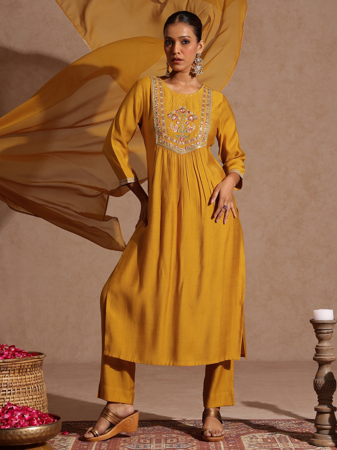 Janasya Women's Mustard Silk Blend Embroidered Straight Kurta Set