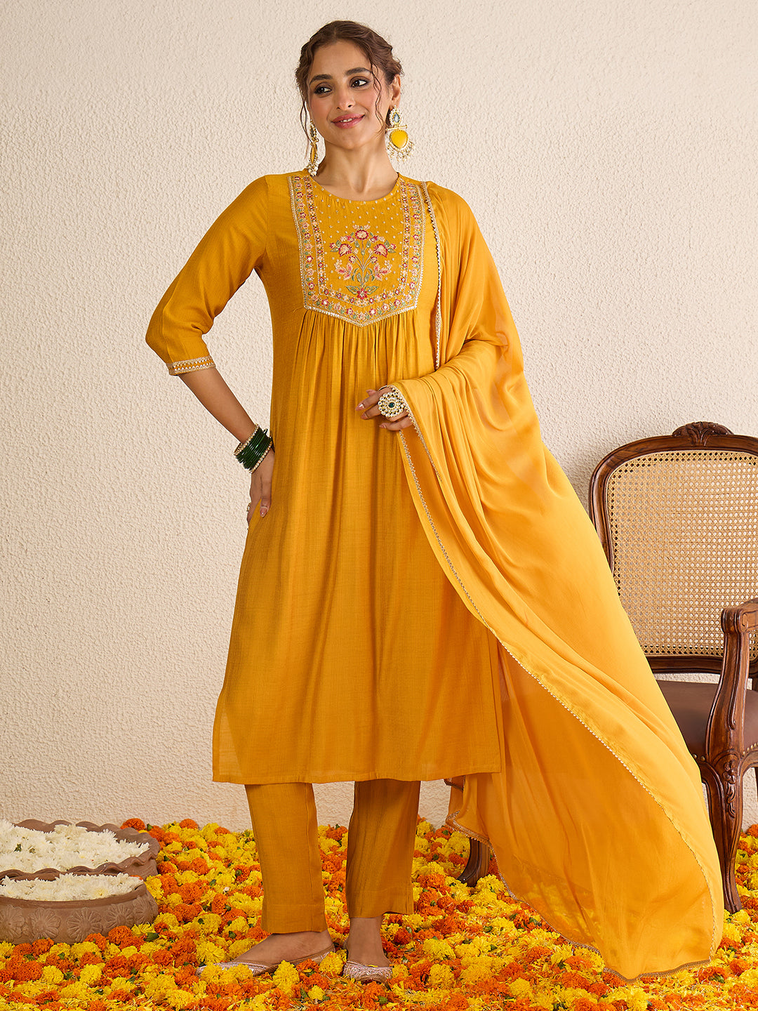 Janasya Women's Mustard Yellow Silk Blend Floral Yoke Embroidered Straight Kurta Set