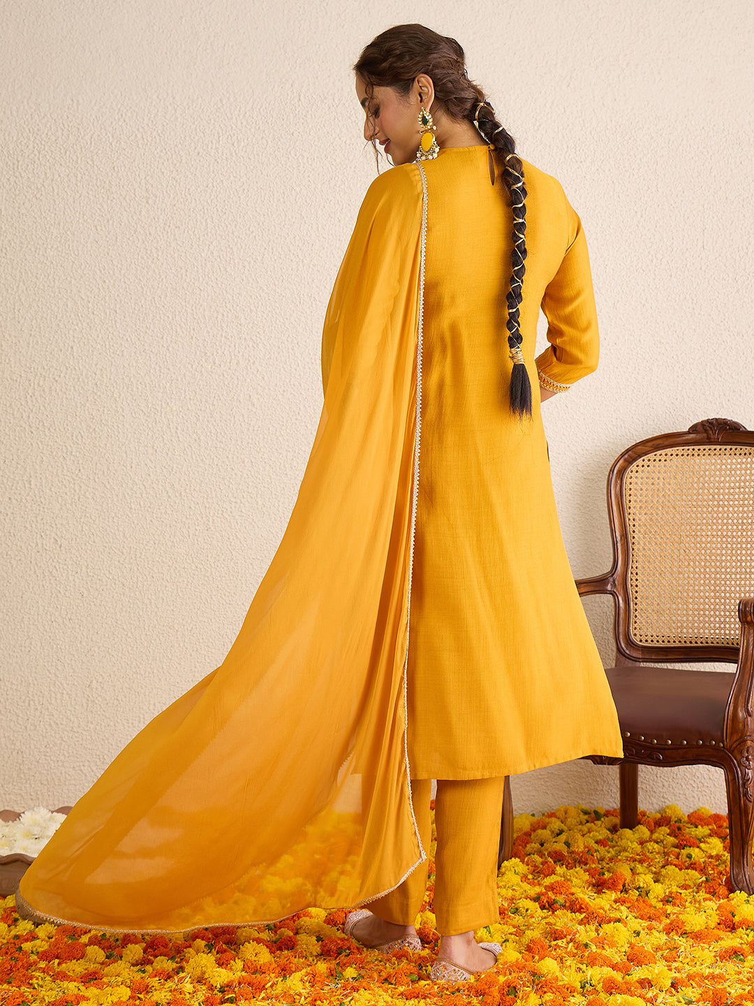 Janasya Women's Mustard Yellow Silk Blend Floral Yoke Embroidered Straight Kurta Set