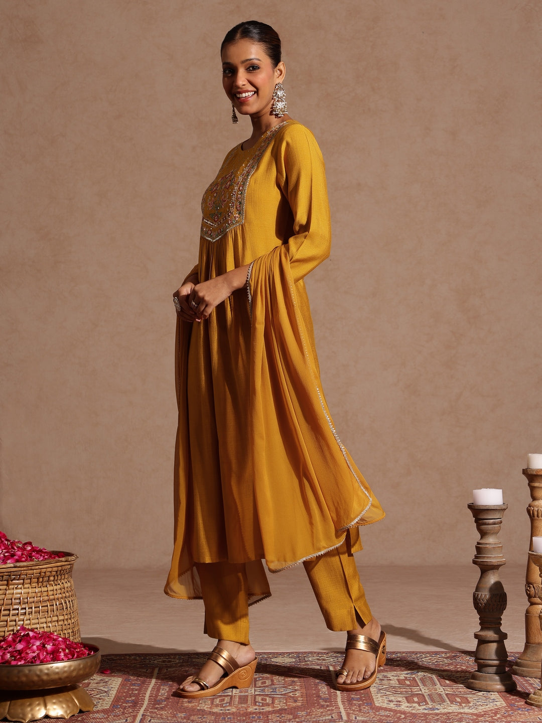 Janasya Women's Mustard Silk Blend Embroidered Straight Kurta Set
