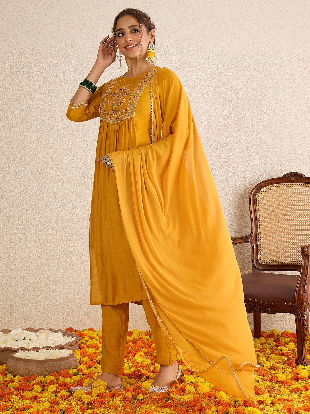 Janasya Women's Mustard Yellow Silk Blend Floral Yoke Embroidered Straight Kurta Set