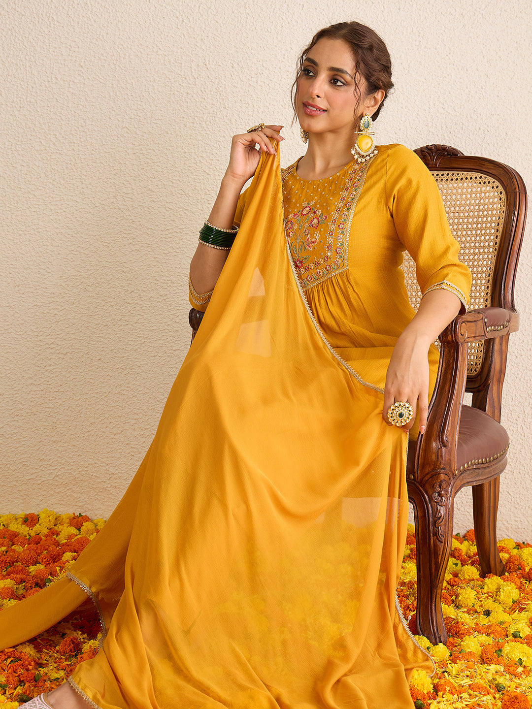 Janasya Women's Mustard Yellow Silk Blend Floral Yoke Embroidered Straight Kurta Set