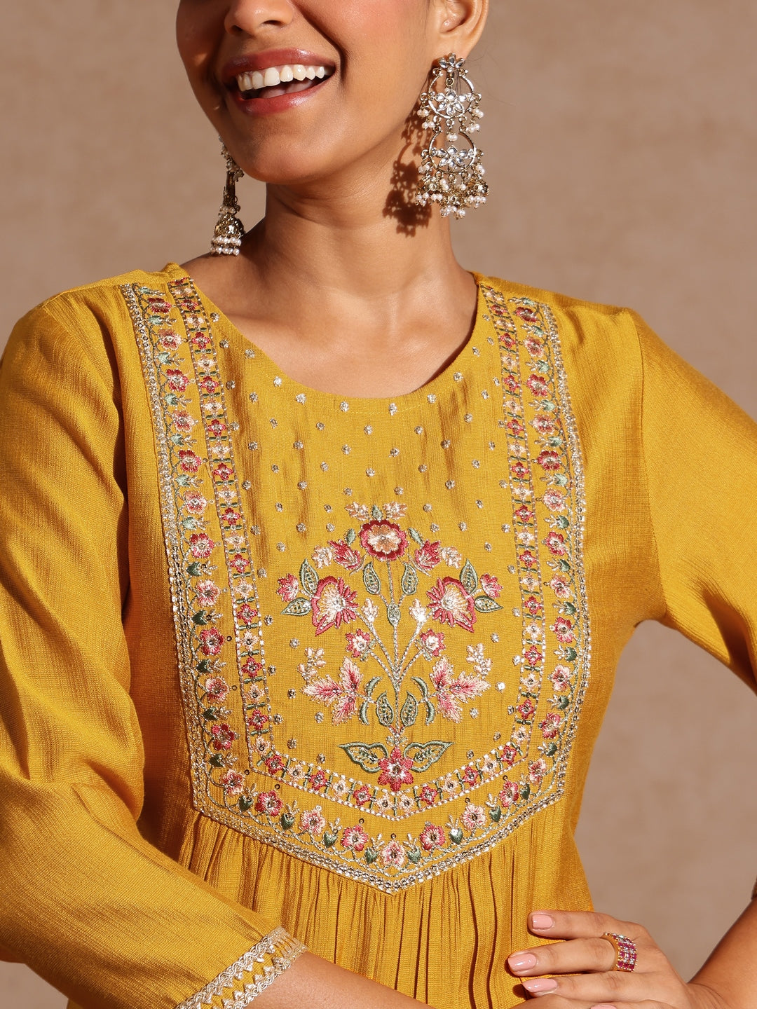 Janasya Women's Mustard Silk Blend Embroidered Straight Kurta Set