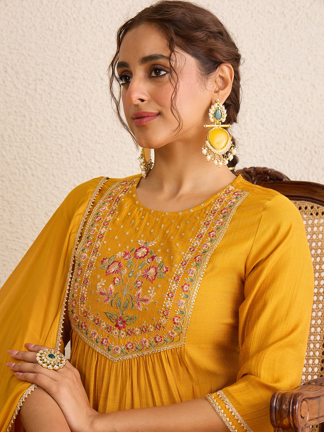Janasya Women's Mustard Yellow Silk Blend Floral Yoke Embroidered Straight Kurta Set