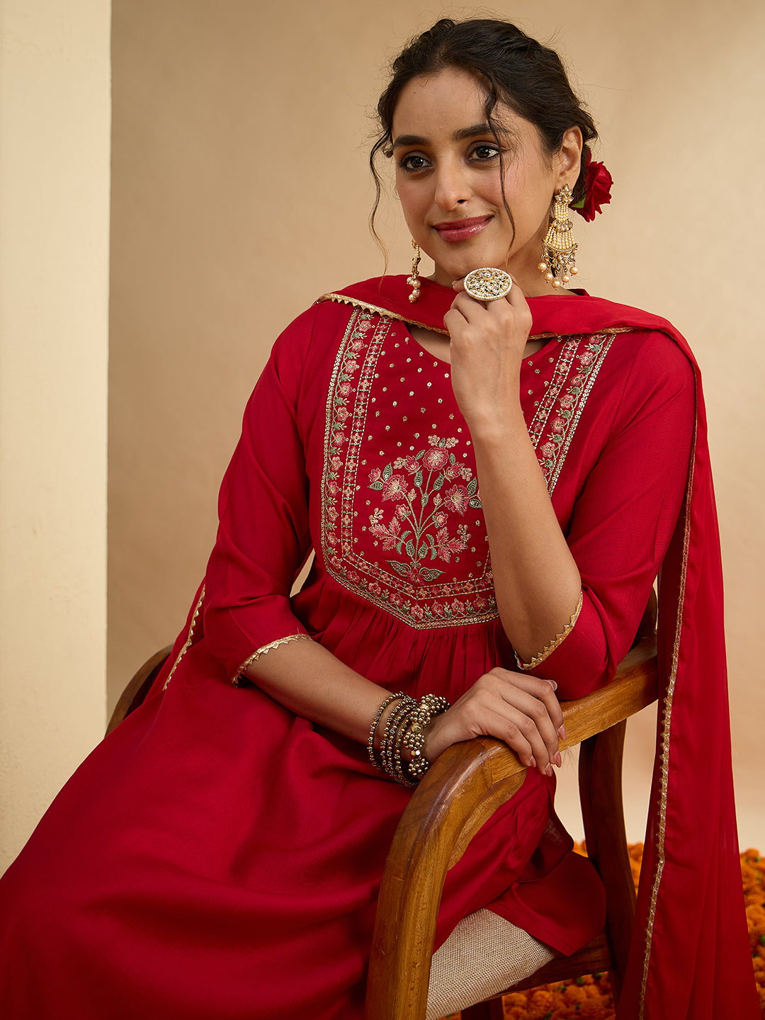 Janasya Women's Red Silk Blend Floral Yoke Embroidered Straight Kurta Set