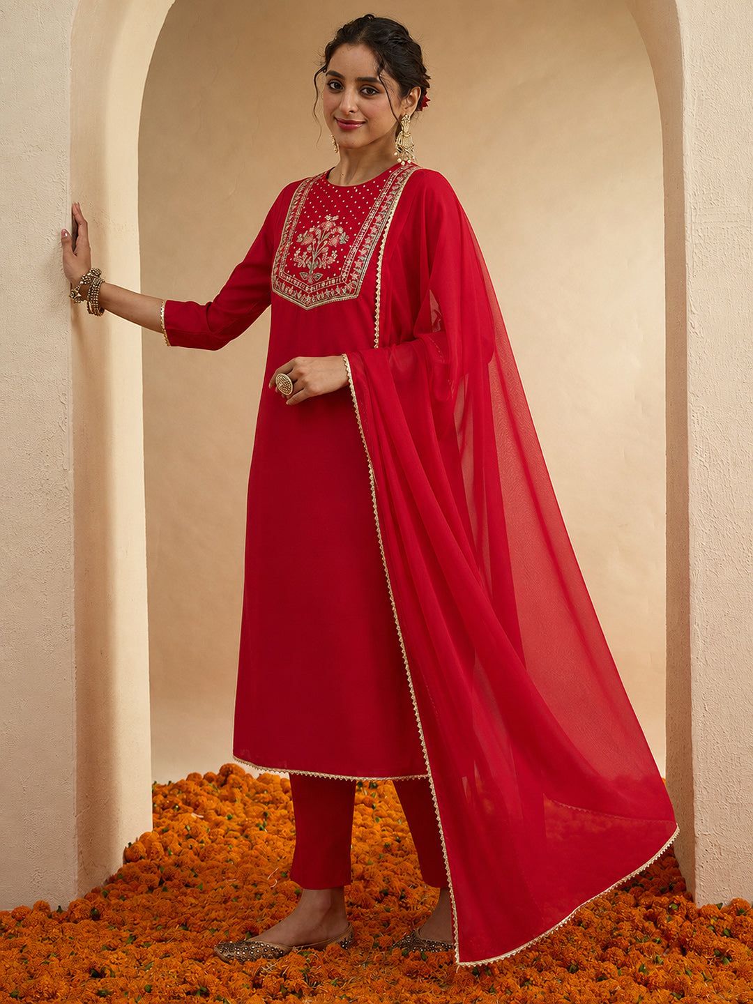 Janasya Women's Red Silk Blend Floral Yoke Embroidered Straight Kurta Set